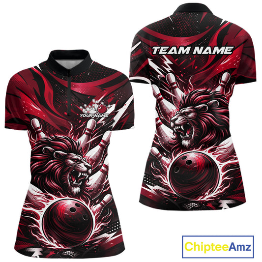 Custom Red Flame Bowling Ball Lion Bowling Jerseys, Lion Women Quarter-Zip Bowling Shirt IPHW10351