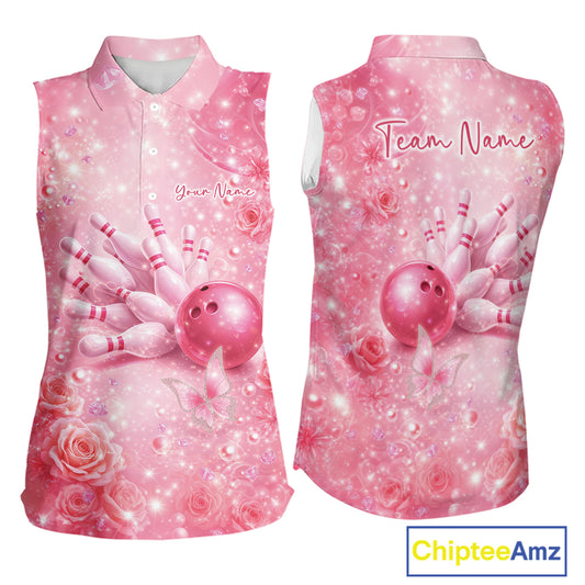 Front and back view of a women’s sleeveless bowling shirt featuring a pink bowling strike design with butterflies and glittering diamond effects.