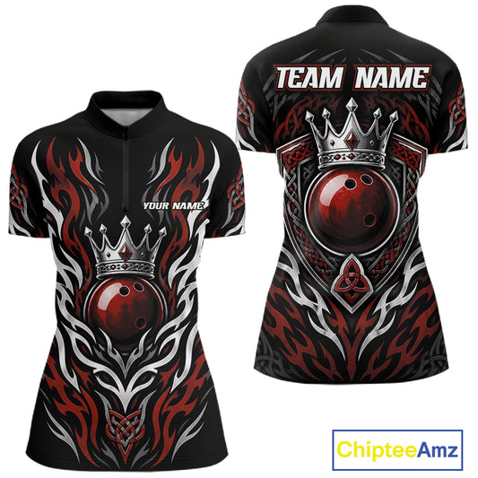 Custom Red Irish Tribal Pattern Bowling Ball With Crown Women Quarter-Zip Shirt IPHW11693
