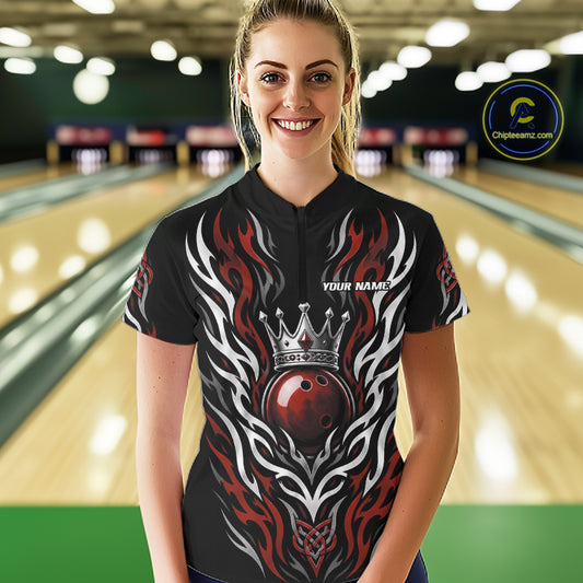 Custom Red Irish Tribal Pattern Bowling Ball With Crown Women Quarter-Zip Shirt IPHW11693