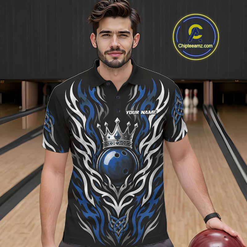 Custom Black And Blue Irish Tribal Pattern Bowling Ball With Crown Men Polo Shirt IPHW11694