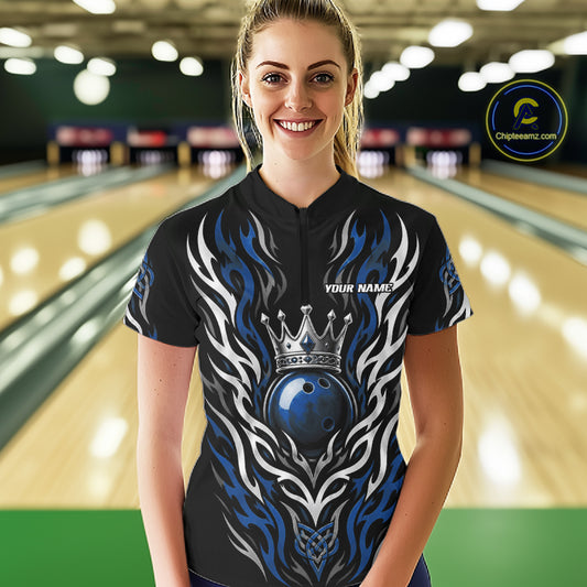 Custom Blue Irish Tribal Pattern Bowling Ball With Crown Women Quarter-Zip Shirt IPHW11694