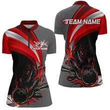 Load image into Gallery viewer, Custom Black, Red And Gray Flame Bowling Women Quarter-Zip Shirt, Bowling League Shirt IPHW9273