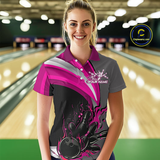 Custom Black, Pink And Gray Flame Bowling Polo Shirt For Women, Bowling Team League Shirt IPHW9275
