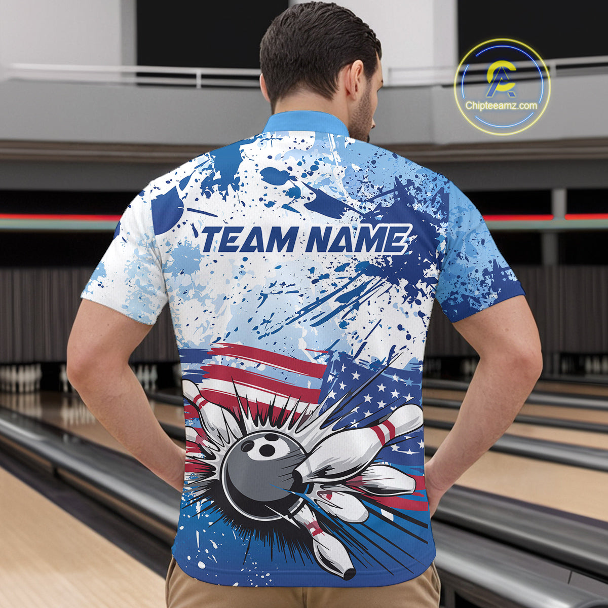 Custom Blue Camo Patriotic Bowling Quarter-Zip Shirts For Men, Bowling Team Uniform IPHW9595