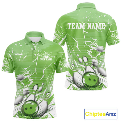 Custom White And Green Bowling Team Men Polo Shirts, Bowling Ball And Pins Jerseys IPHW9603