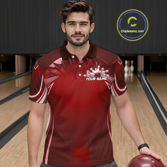 Custom Red Bowling Tournament Bowling Polo Shirts For Men With Team Name IPHW9282