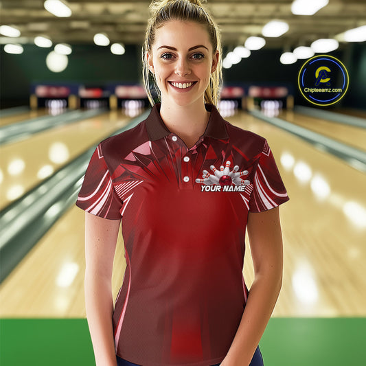 Custom Red Bowling Tournament Bowling Polo Shirts For Women With Team Name IPHW9282