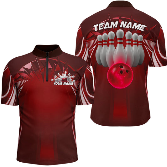 Custom Red Bowling Tournament Bowling Quarter-Zip Shirts For Men With Team Name IPHW9282