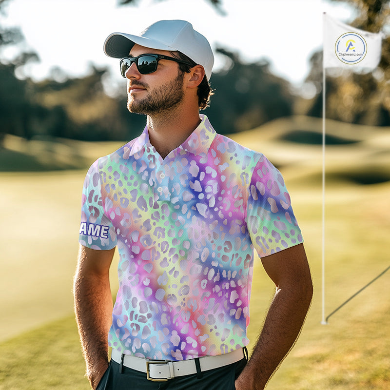 Colorful Neon Rainbow leopard pattern Mens Golf Polo Shirts Custom men's golf outfits, cool golf gift NQS10244