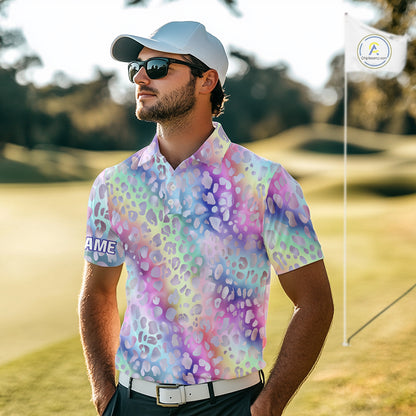 Colorful Neon Rainbow leopard pattern Mens Golf Polo Shirts Custom men's golf outfits, cool golf gift NQS10244