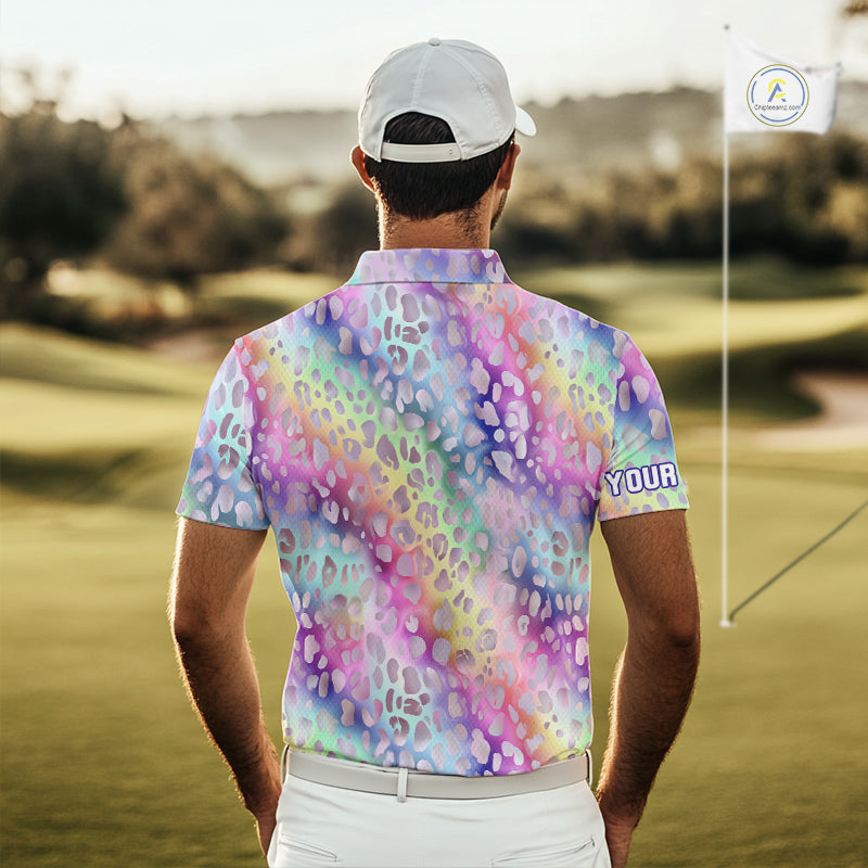Colorful Neon Rainbow leopard pattern Mens Golf Polo Shirts Custom men's golf outfits, cool golf gift NQS10244