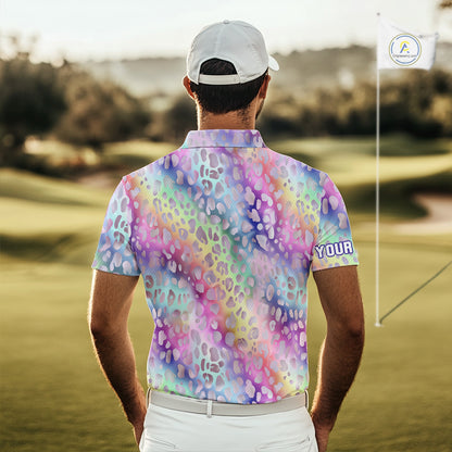 Colorful Neon Rainbow leopard pattern Mens Golf Polo Shirts Custom men's golf outfits, cool golf gift NQS10244