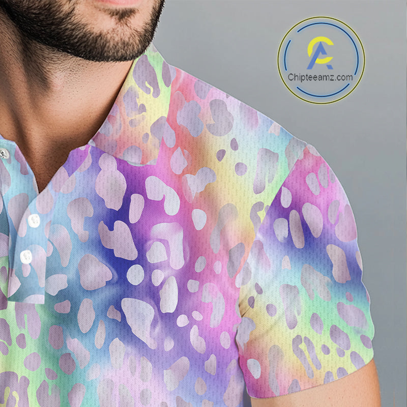 Colorful Neon Rainbow leopard pattern Mens Golf Polo Shirts Custom men's golf outfits, cool golf gift NQS10244