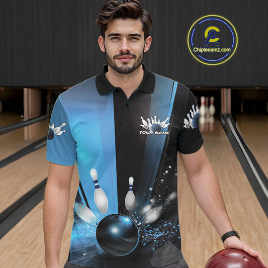 Custom Black And Blue Bowling Jerseys, Glowing Motion Graphic Bowling Men Polo Shirt IPHW9444
