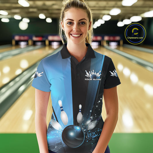 Custom Black And Blue Bowling Jerseys, Glowing Motion Graphic Bowling Women Polo Shirt IPHW9444