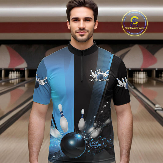 Custom Black And Blue Bowling Jerseys, Glowing Motion Graphic Bowling Men Quarter-Zip Shirt IPHW9444