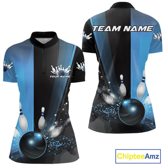 Custom Black And Blue Bowling Jerseys, Glowing Motion Bowling Women Quarter-Zip Shirt IPHW9444