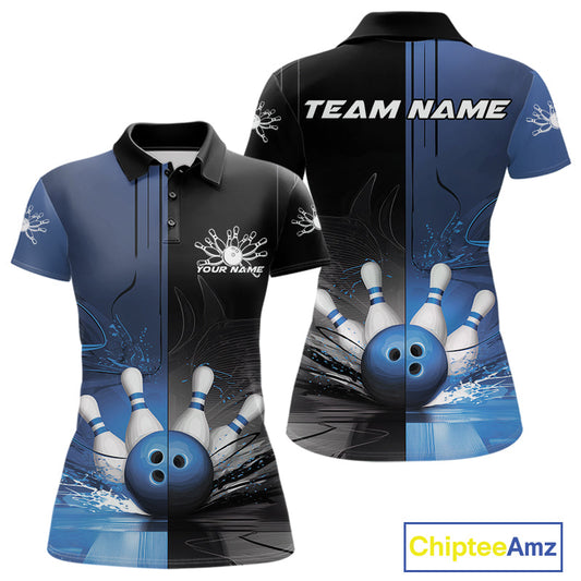 Half Black Half Blue Custom Bowling Team Polo Shirts For Women, Bowling Tournament Shirt IPHW9446