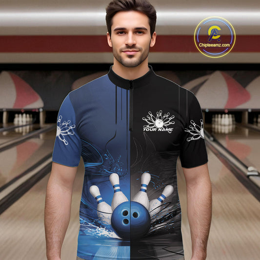 Half Black Half Blue Custom Bowling Team Quarter-Zip Shirts For Men, Bowling Tournament Shirt IPHW9446