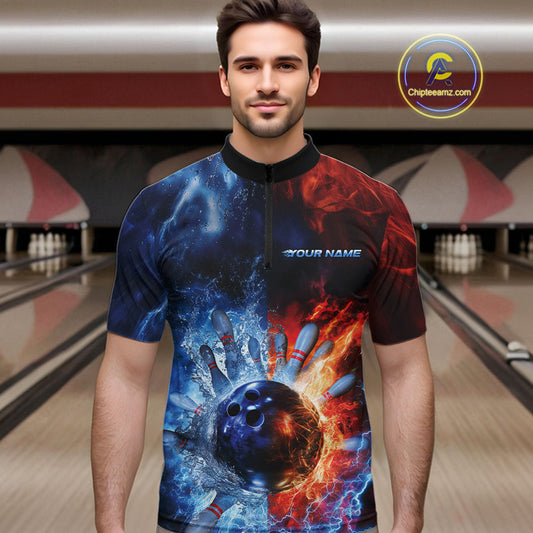 Custom Red Fire Blue Water Explosion Bowling Team Quarter-Zip Shirts For Men, Bowling Uniform IPHW9448