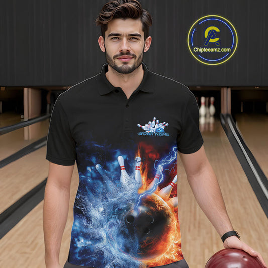 Custom Water And Fire Bowling Team Polo Shirts For Men, Thunder Lightning Bowling Uniform IPHW9449
