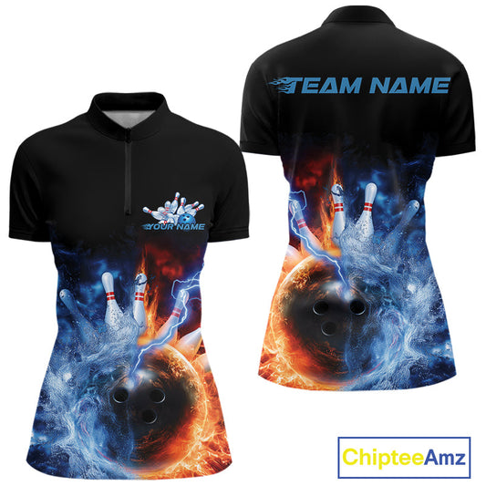 Custom Water And Fire Bowling Team Women Quarter-Zip Shirt, Lightning Bowling Uniform IPHW9449