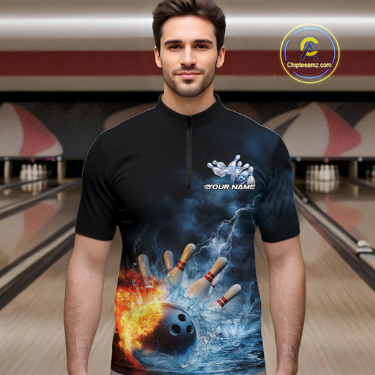 Custom Water And Fire Bowling Team Quarter-Zip Shirts For Men, Thunder Lightning Bowling Uniform IPHW9450