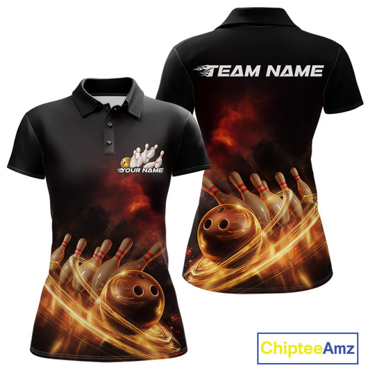 Custom Golden Glowing Effect Light Trails Bowling Team Women Polo Shirts, Bowling Jersey IPHW9452