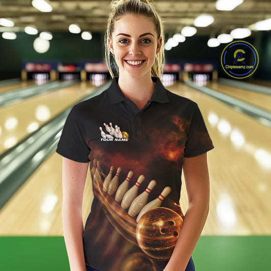 Custom Black And Gold Fire Energy Streaks Bowling Team Women Polo Shirts, Bowling Uniform IPHW9453