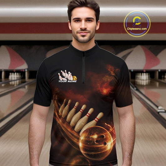 Custom Black And Gold Fire Energy Streaks Bowling Team Men Quarter-Zip Shirts, Bowling Uniform IPHW9453