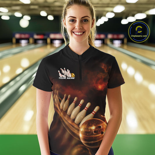 Custom Black And Gold Fire Energy Streaks Bowling Team Women Quarter-Zip Shirt Uniform IPHW9453