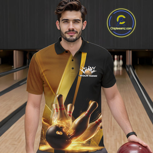 Custom Black And Glowing Gold Bowling Team Men Polo Shirts, Golden Bowling Jerseys IPHW9454
