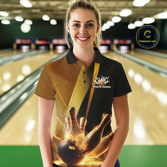 Custom Black And Glowing Gold Bowling Team Women Polo Shirts, Golden Bowling Jerseys IPHW9454