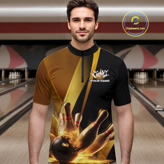 Custom Black And Glowing Gold Bowling Team Men Quarter-Zip Shirts, Golden Bowling Jerseys IPHW9454