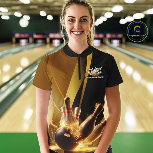 Custom Black And Glowing Gold Bowling Team Women Quarter-Zip Shirt, Bowling Jerseys IPHW9454