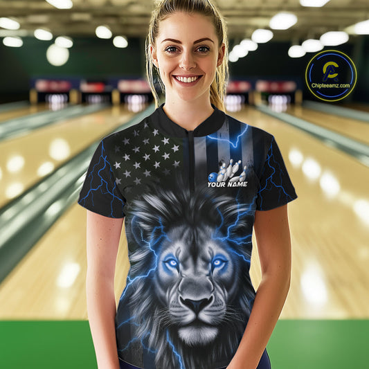 Custom Blue Thunder Lightning Patriotic Lion Women Quarter-Zip Shirt, US Bowling Jersey IPHW9323