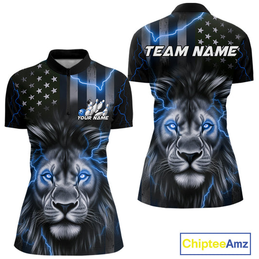 Custom Blue Thunder Lightning Patriotic Lion Women Quarter-Zip Shirt, US Bowling Jersey IPHW9323