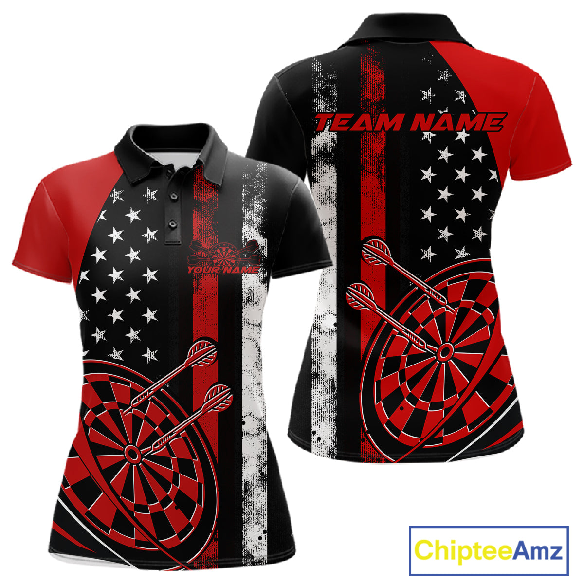 Custom Red Thin Line US Flag Patriotic Dartboard Dart Women Polo Team Shirt, Dart Jersey IPHW9644