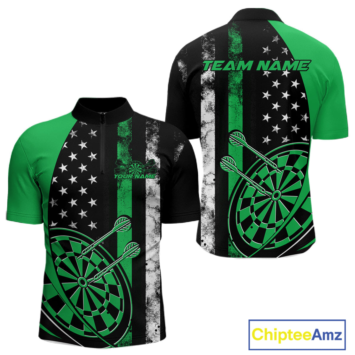Custom Green Thin Line US Flag Patriotic Dartboard Dart Men Quarter-Zip Team Shirts, Dart Jerseys IPHW9646