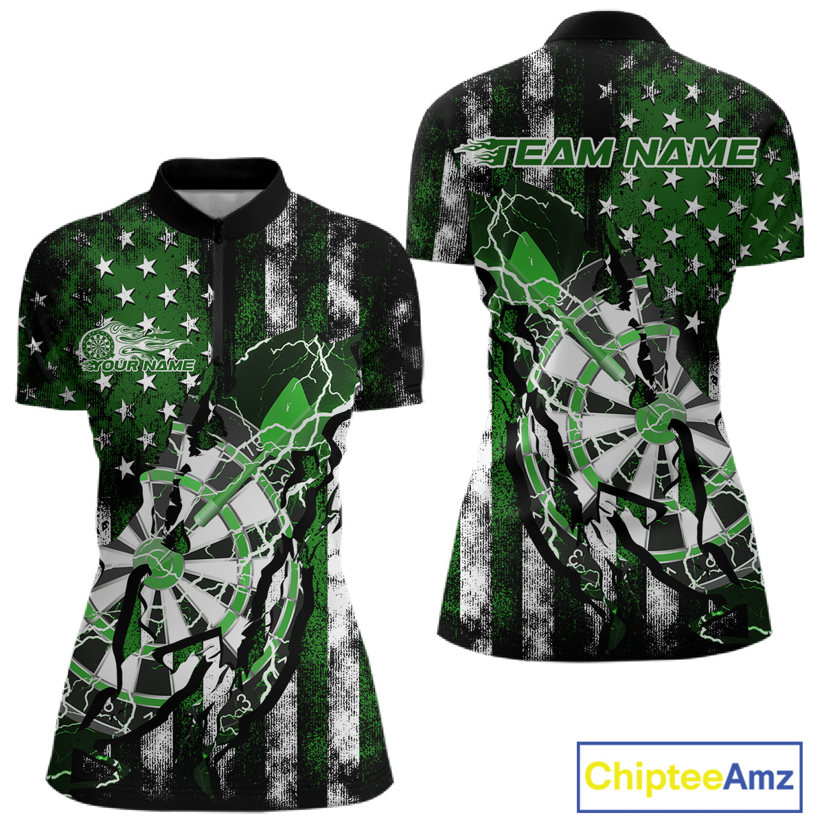 Custom Green Thunder Lightning Patriotic Dart Team Women Quarter-Zip Shirts, Dart Jerseys IPHW9659