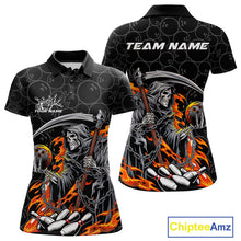 Load image into Gallery viewer, Custom Chaotic Flame Grim Reaper Bowling Women Polo Shirts, Halloween Bowling Team Shirt IPHW9473