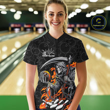 Load image into Gallery viewer, Custom Chaotic Flame Grim Reaper Bowling Women Quarter-Zip Shirt, Halloween Bowling Shirt IPHW9473