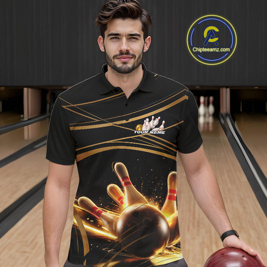 Custom Black And Gold Lane Glowing Bowling Ball And Pins Polo Team Shirts For Men IPHW9474