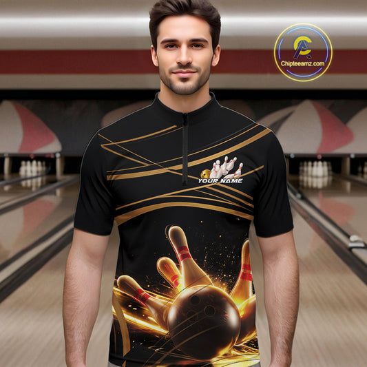 Custom Black And Gold Lane Glowing Bowling Ball And Pins Quarter-Zip Team Shirts For Men IPHW9474