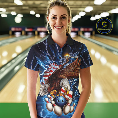 Custom Blue Lightning US Flag Eagle Bowling Team Polo Shirts For Women, Patriotic Bowling IPHW9477