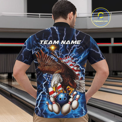Custom Blue Lightning US Flag Eagle Bowling Team Quarter-Zip Shirts For Men, Patriotic Bowling IPHW9477
