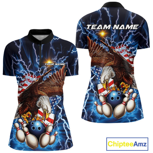 Custom Blue Lightning US Eagle Bowling Team Women Quarter-Zip Shirts, Patriotic Bowling IPHW9477