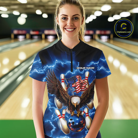 Custom Blue Lightning US Eagle Bowling Team Women Quarter-Zip Shirts, Patriotic Bowling IPHW9479