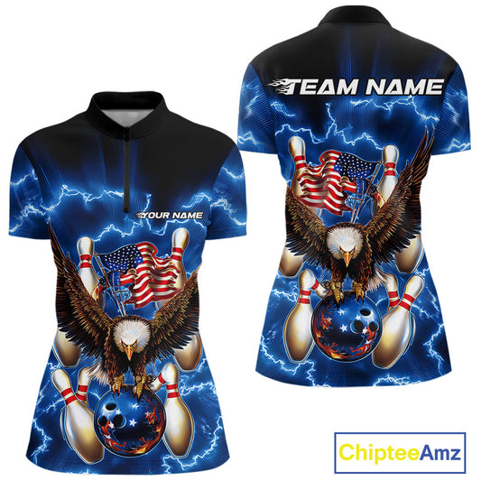 Custom Blue Lightning US Eagle Bowling Team Women Quarter-Zip Shirts, Patriotic Bowling IPHW9479